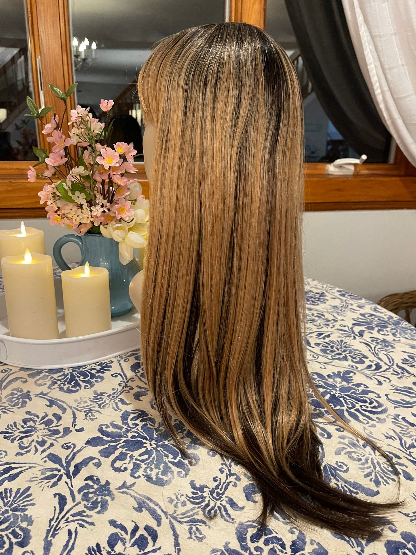 Iona Full Bang Wig Honey Blonde Overlay Brown Underneath Wig HD Synthetic Wig Silky Long Wavy Wig Drag Wig Burlesque Showgirl Wig