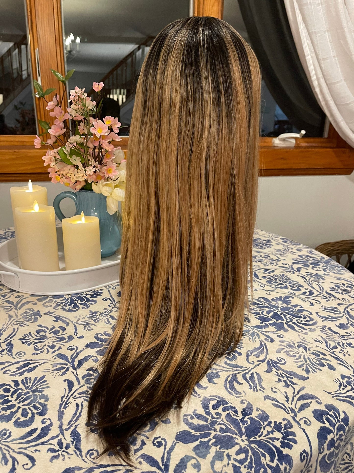 Iona Full Bang Wig Honey Blonde Overlay Brown Underneath Wig HD Synthetic Wig Silky Long Wavy Wig Drag Wig Burlesque Showgirl Wig