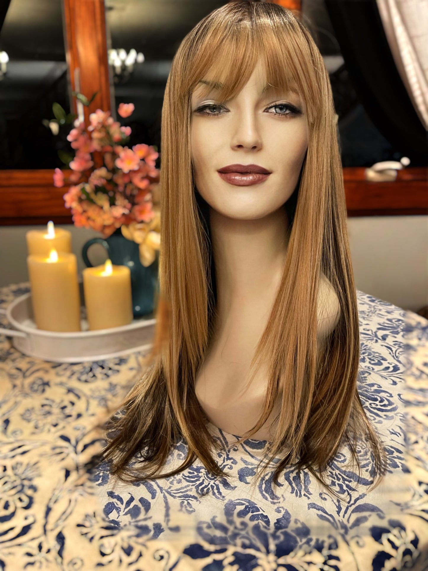 Iona Full Bang Wig Honey Blonde Overlay Brown Underneath Wig HD Synthetic Wig Silky Long Wavy Wig Drag Wig Burlesque Showgirl Wig