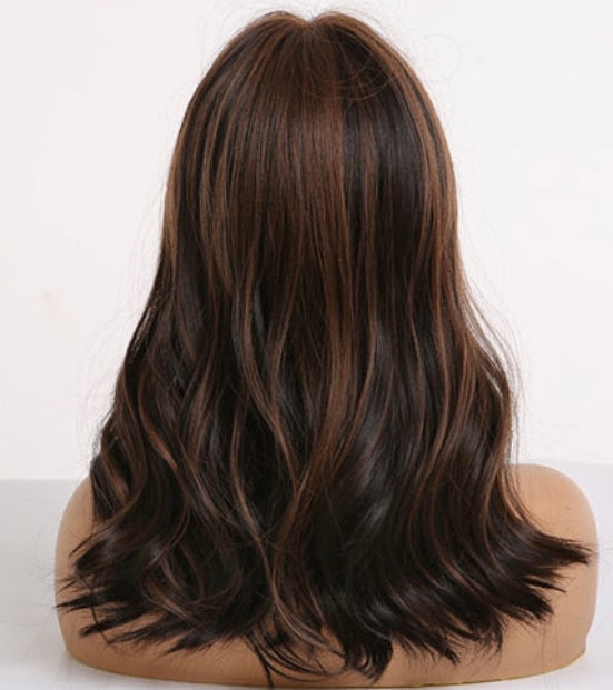 Wavy Auburn Medium Length Ocean Wave Lob With Bangs Synthetic Heat Resistant Fiber