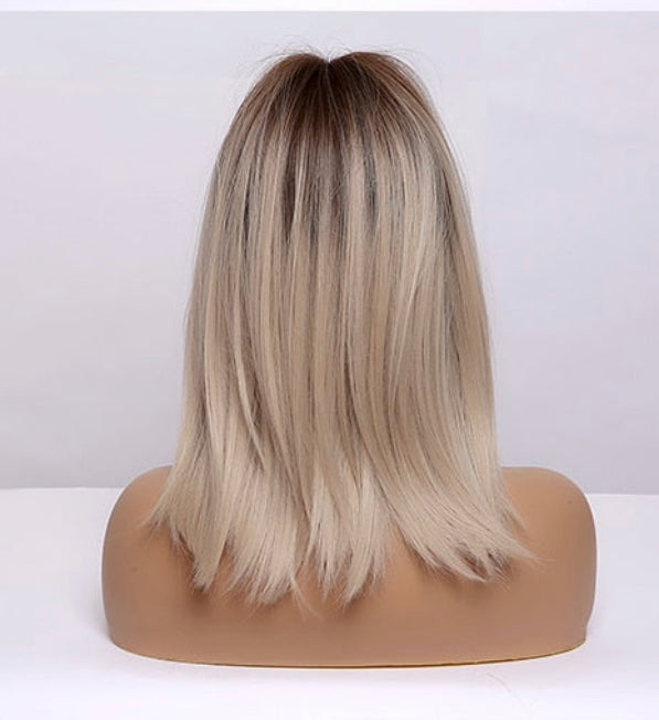 Kaley Natural Blonde Rooted Low Density Wig Ombre Straight Bob Synthetic Wig with Bangs Heat Resistant Fiber