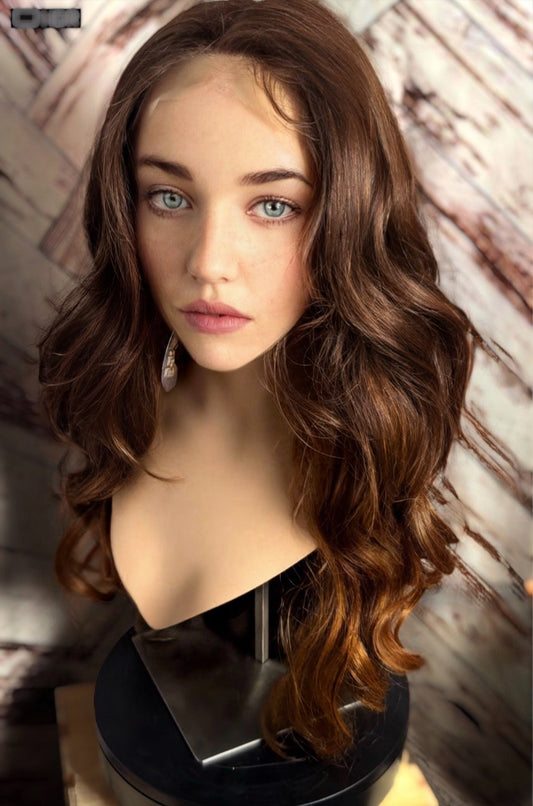 Sappho Special Edition Long Highlights Medium Brown Golden Caramel Brown Highlights Wig Dark Rooted Wavy Loose Wave Lace Front Human Blend