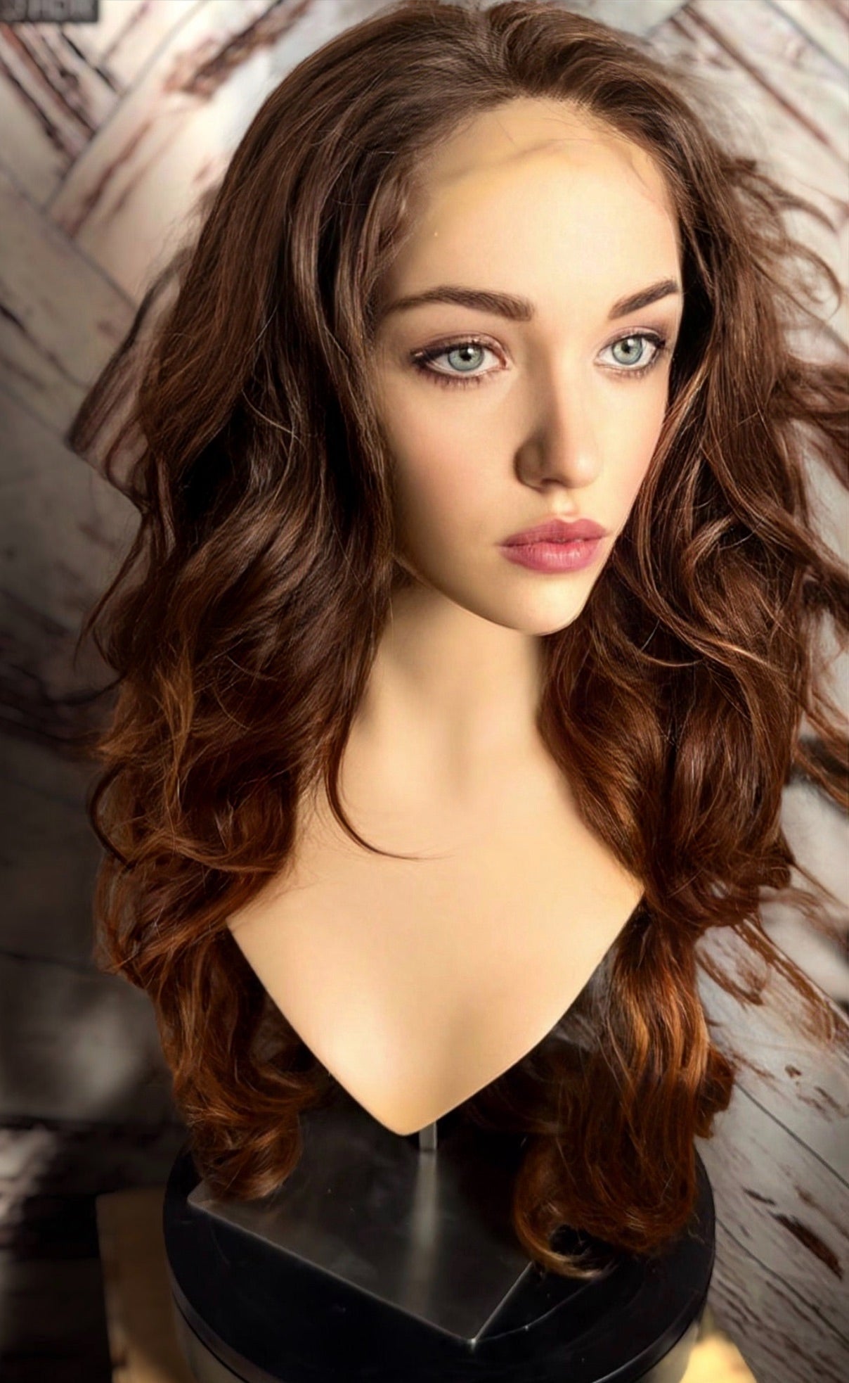Sappho Special Edition Long Highlights Medium Brown Golden Caramel Brown Highlights Wig Dark Rooted Wavy Loose Wave Lace Front Human Blend