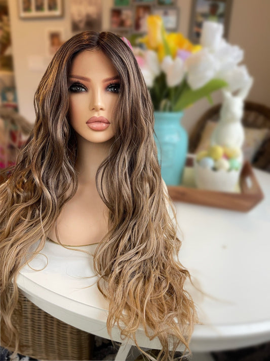 Toffee Cremè Balyage Wig Blondish Brown Wig Medium Brown Rooted Wavy Colormelt Loose Wave Wig Long Lace Front Wig HD Human Hair Blend