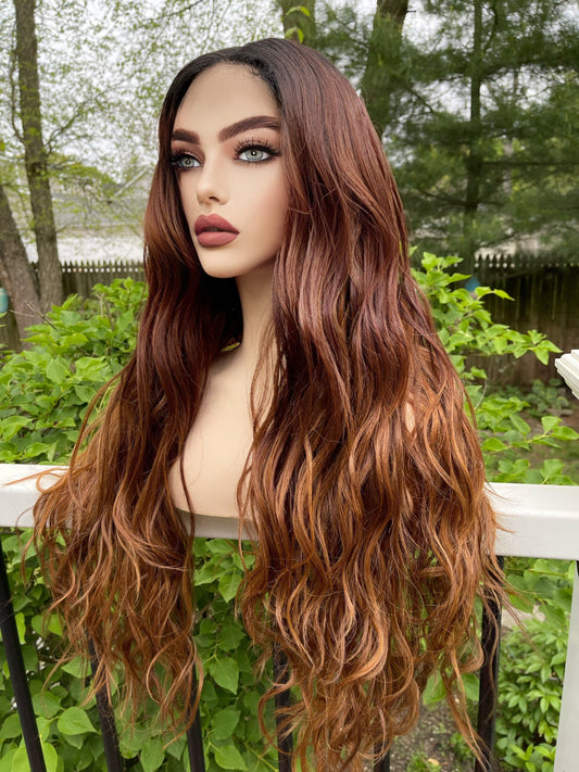 Maple Glaze Balyage Wig Warm Auburn Brown Wig Brown Rooted Wavy Colormelt Loose Wave Lace Front Human Hair  Cottagecore