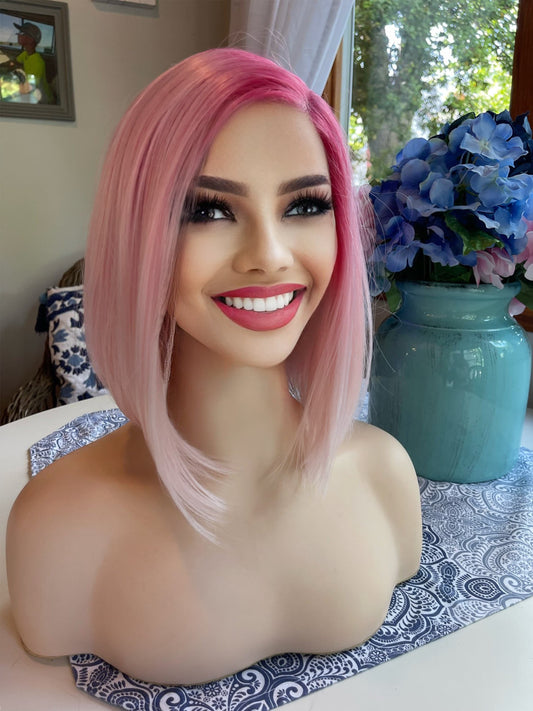 Bunny Pink Bob Wig Pastel Wig Side Part Colorful Roots Wig Hand Tied Color Shorter Length Lace Front Wig Short Wig Pink Pixie Cut