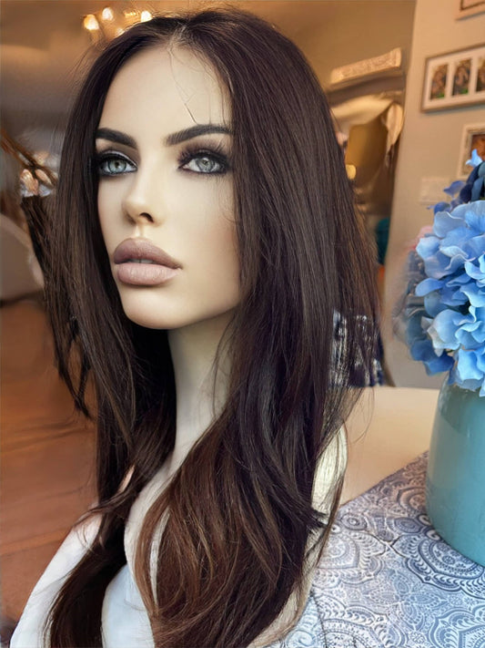 Birch Brown Underlights Swiss Lace Mono Top Frontal Golden Brown Human Blend Hand Tied Lace Front Wig Parting Wig Lace Wig Cottagecore Wig