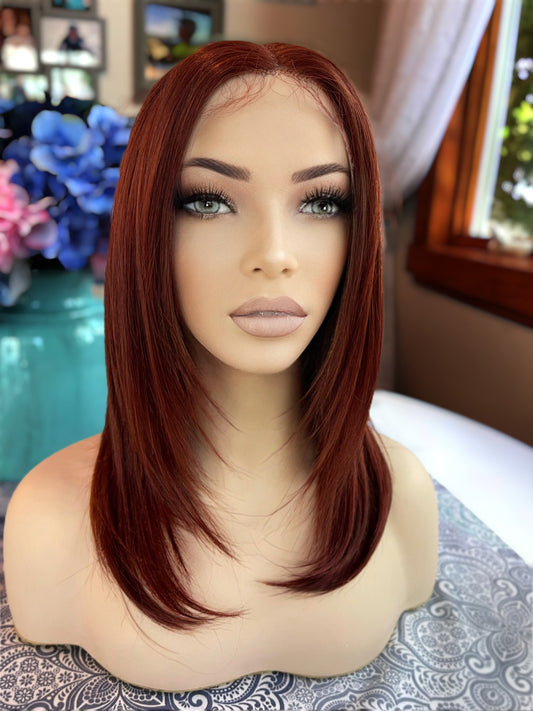 Dylan Wig Razor Cut Red Copper Lace Front Hand Tied Straight Medium HD Wig Center Parting Highlighted Long Rooted Drag Wig Medical Wig