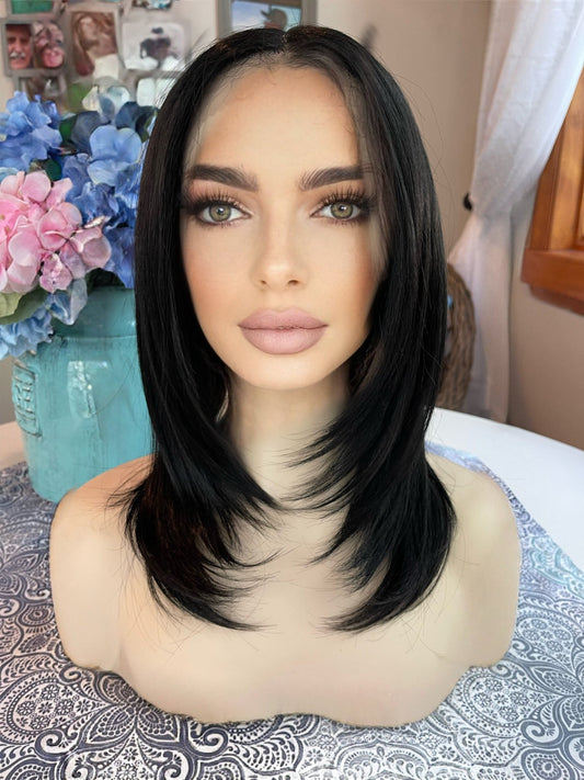 Daria Wig Razor Cut Black Lace Front Hand Tied Straight Medium HD Wig Center Parting Highlighted Long Rooted Drag Wig Medical Wig