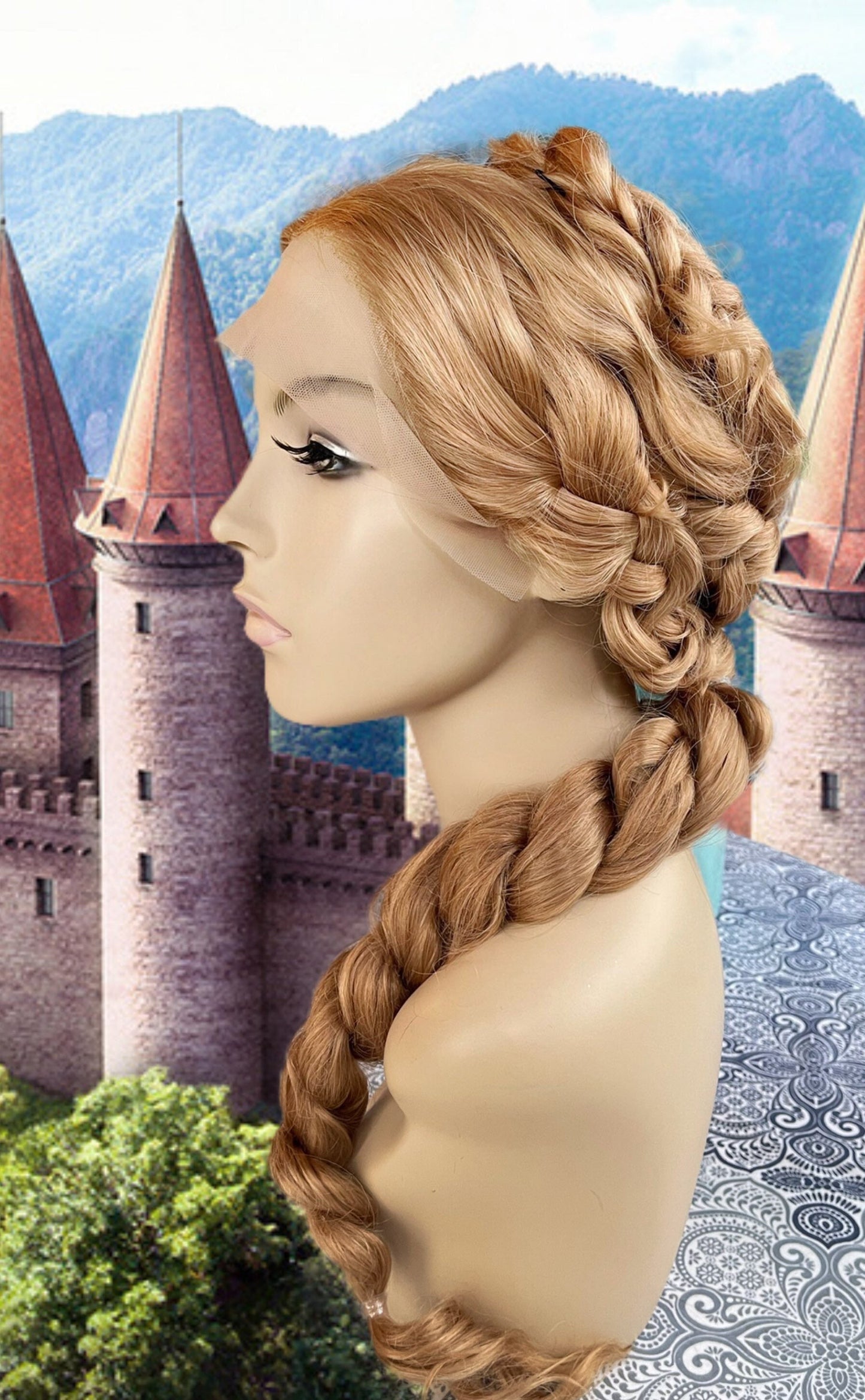 Annah Braided Viking Medieval Wig Strawberry Blonde Hand Tied Transparent Lace Front Wig Straight Wig Fantasy Drag Cosplay Costume Wig