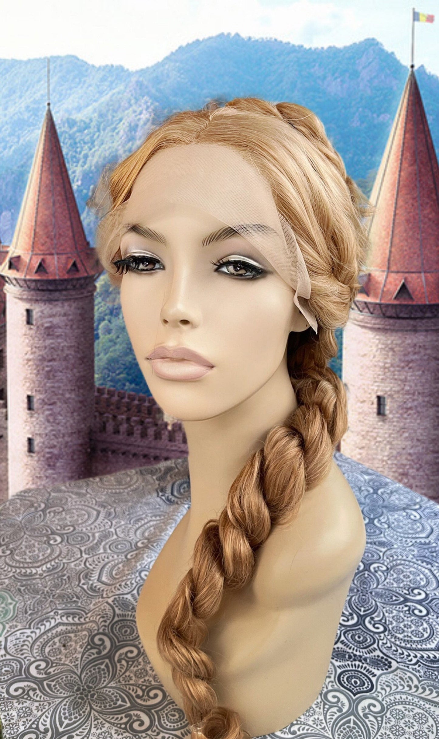 Annah Braided Viking Medieval Wig Strawberry Blonde Hand Tied Transparent Lace Front Wig Straight Wig Fantasy Drag Cosplay Costume Wig