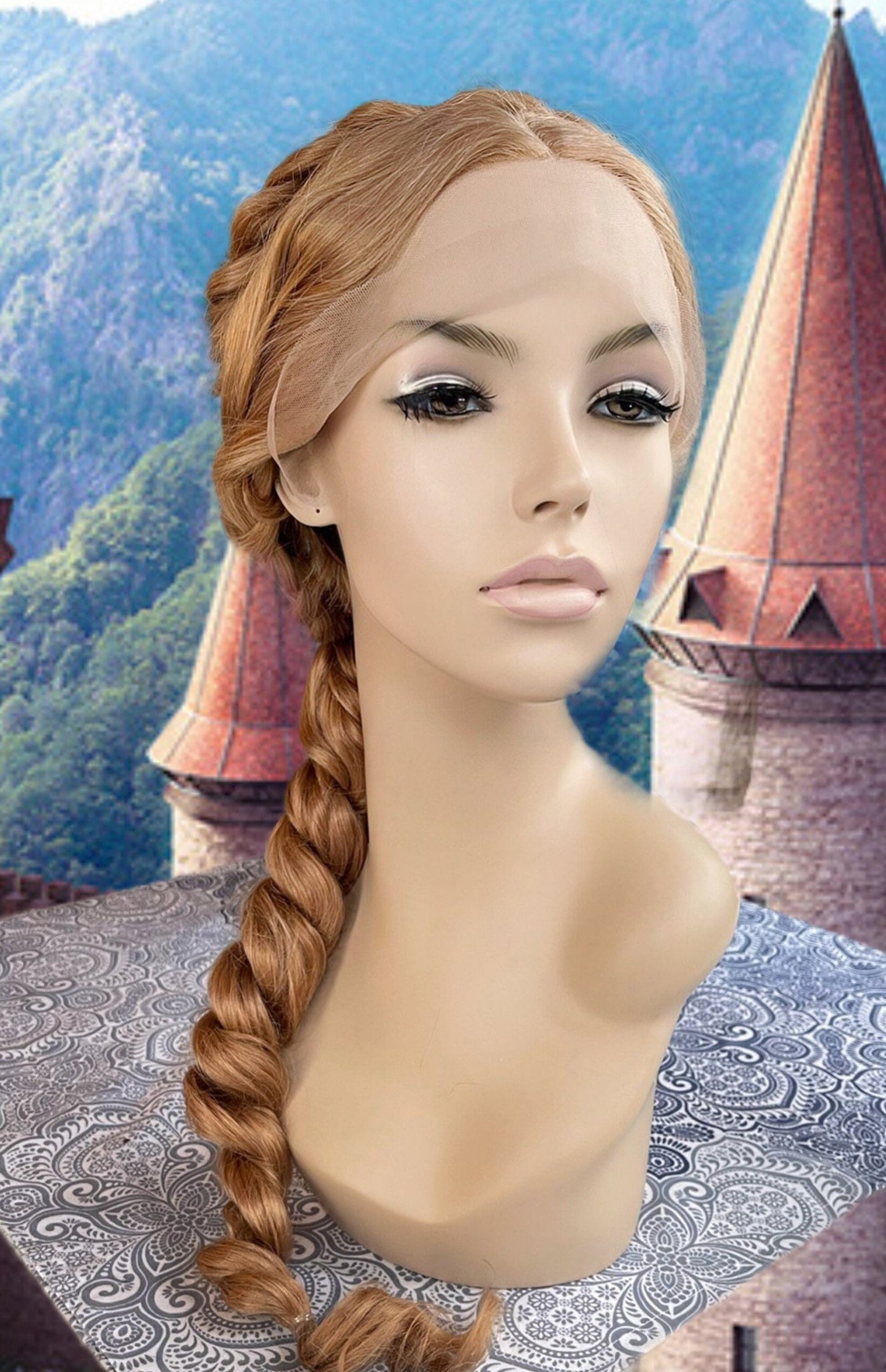 Annah Braided Viking Medieval Wig Strawberry Blonde Hand Tied Transparent Lace Front Wig Straight Wig Fantasy Drag Cosplay Costume Wig