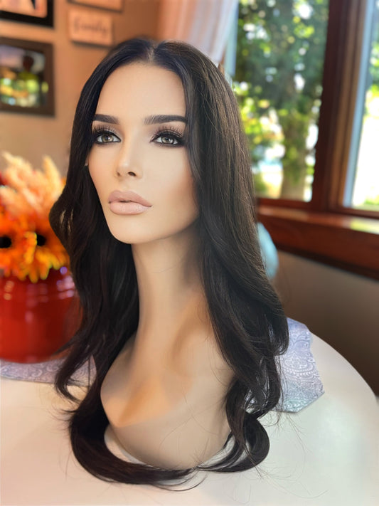 Custom Black Version of Angie Mono Top Free Parting Wig Hand Tied Rich Brown Wig Hand Tied Lace Frontal  Wig Deep Wave Wig Lots of Body Wig