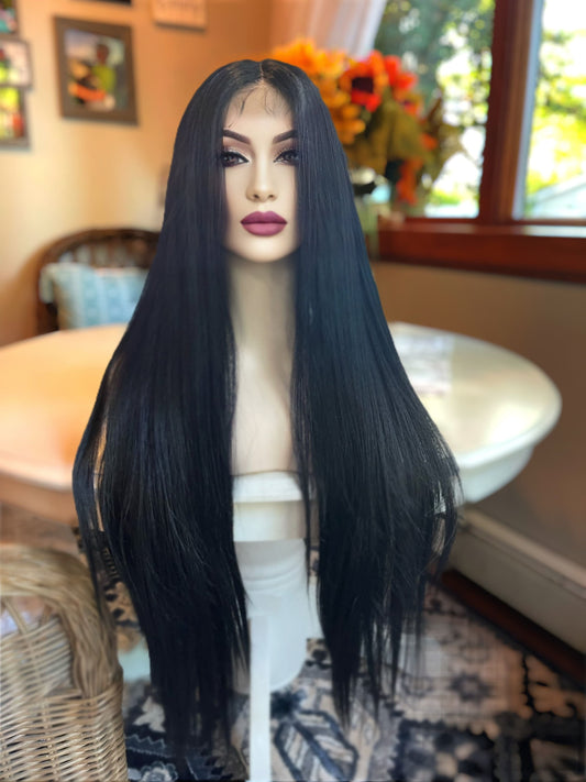 Ultra Morticia Wig Sleek Wig Long Wig Jet Black Wig Human Blend Wig Lace Front Center Parting Wig Lace Front Wig Casual Wig