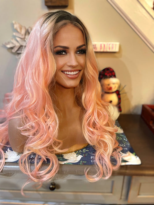 Leela Pink Wig Lace Front Rooted Balayage Ombre Wig Dark Roots Curly Wig Color Melt Wig Lace Front Wig Hand Tied Wig Festival Hair