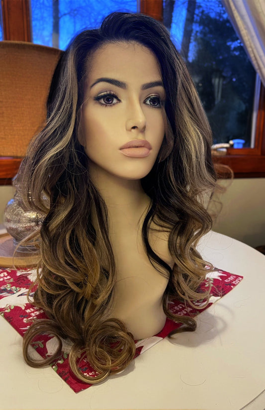Margaux Full Density Long Wig Human Blend Wig Lace Frontal Mixed Brown Highlights Ombre Wig Hand Tied Wig Lace Front Wig Parting HD Lace Wig