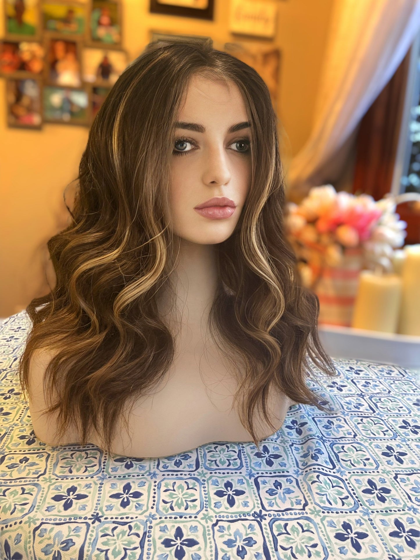 Allie Wig Brunette Ombre Highlights Wig with Warm Blend Mini Mono Top Wig HD Human Synthetic Blend Transparent Lace Front Wig Long Smooth