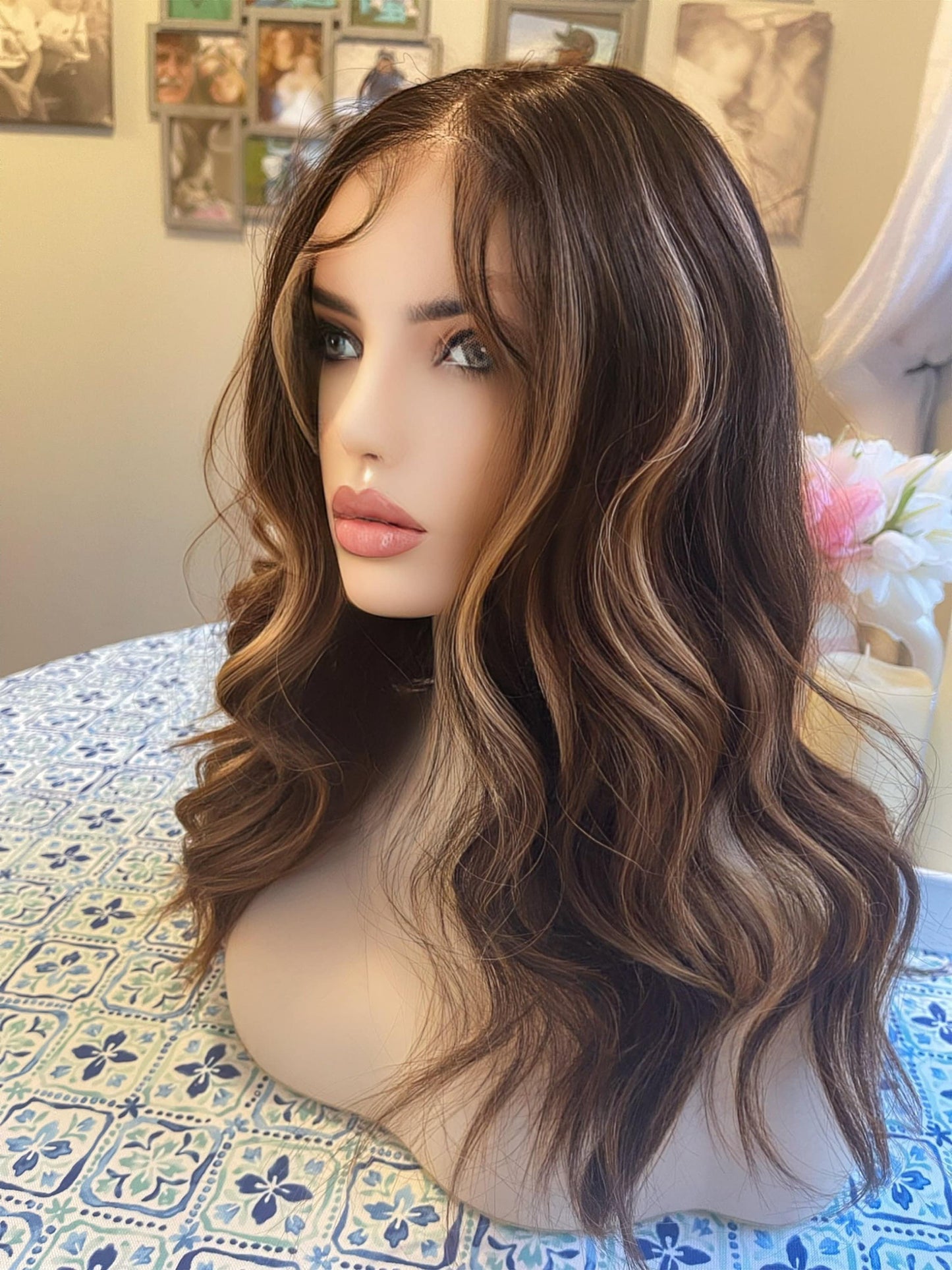 Allie Wig Brunette Ombre Highlights Wig with Warm Blend Mini Mono Top Wig HD Human Synthetic Blend Transparent Lace Front Wig Long Smooth