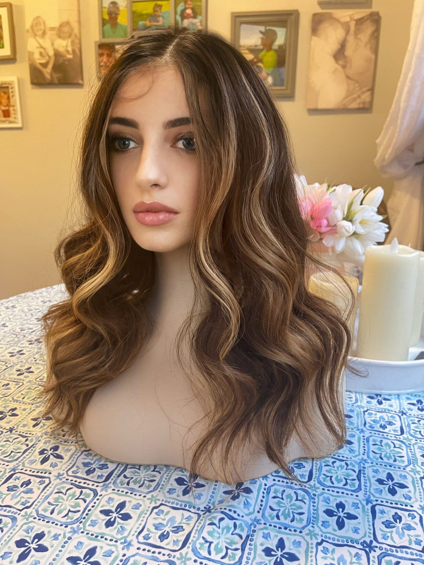 Allie Wig Brunette Ombre Highlights Wig with Warm Blend Mini Mono Top Wig HD Human Synthetic Blend Transparent Lace Front Wig Long Smooth