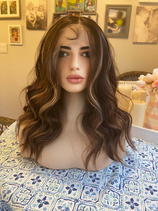 Allie Wig Brunette Ombre Highlights Wig with Warm Blend Mini Mono Top Wig HD Human Synthetic Blend Transparent Lace Front Wig Long Smooth