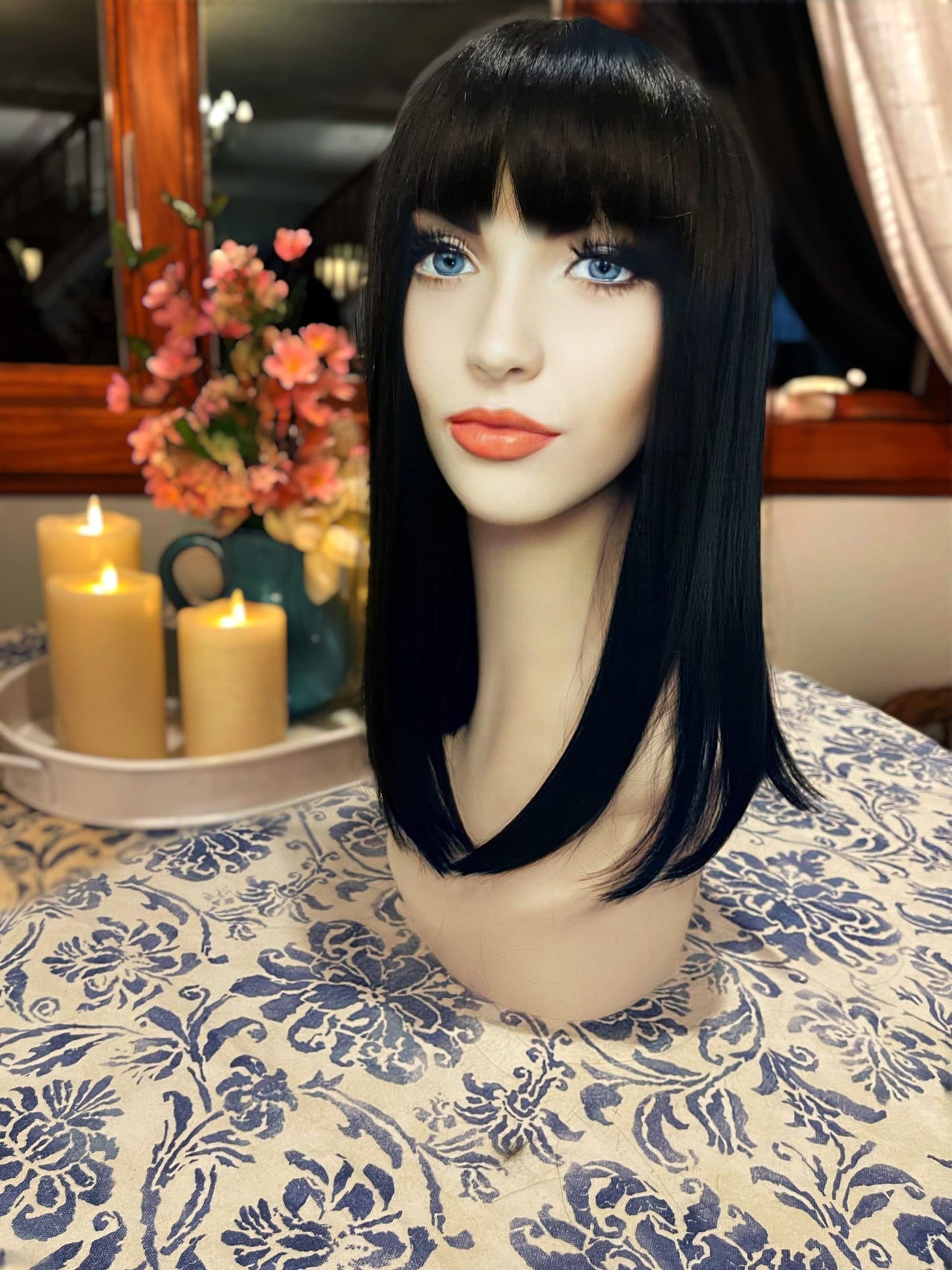 Billie Full Bang Wig Jet Black Bettie Bangs Wig HD Synthetic Wig Silky Long Wavy Wig Drag Wig Burlesque Showgirl Wig