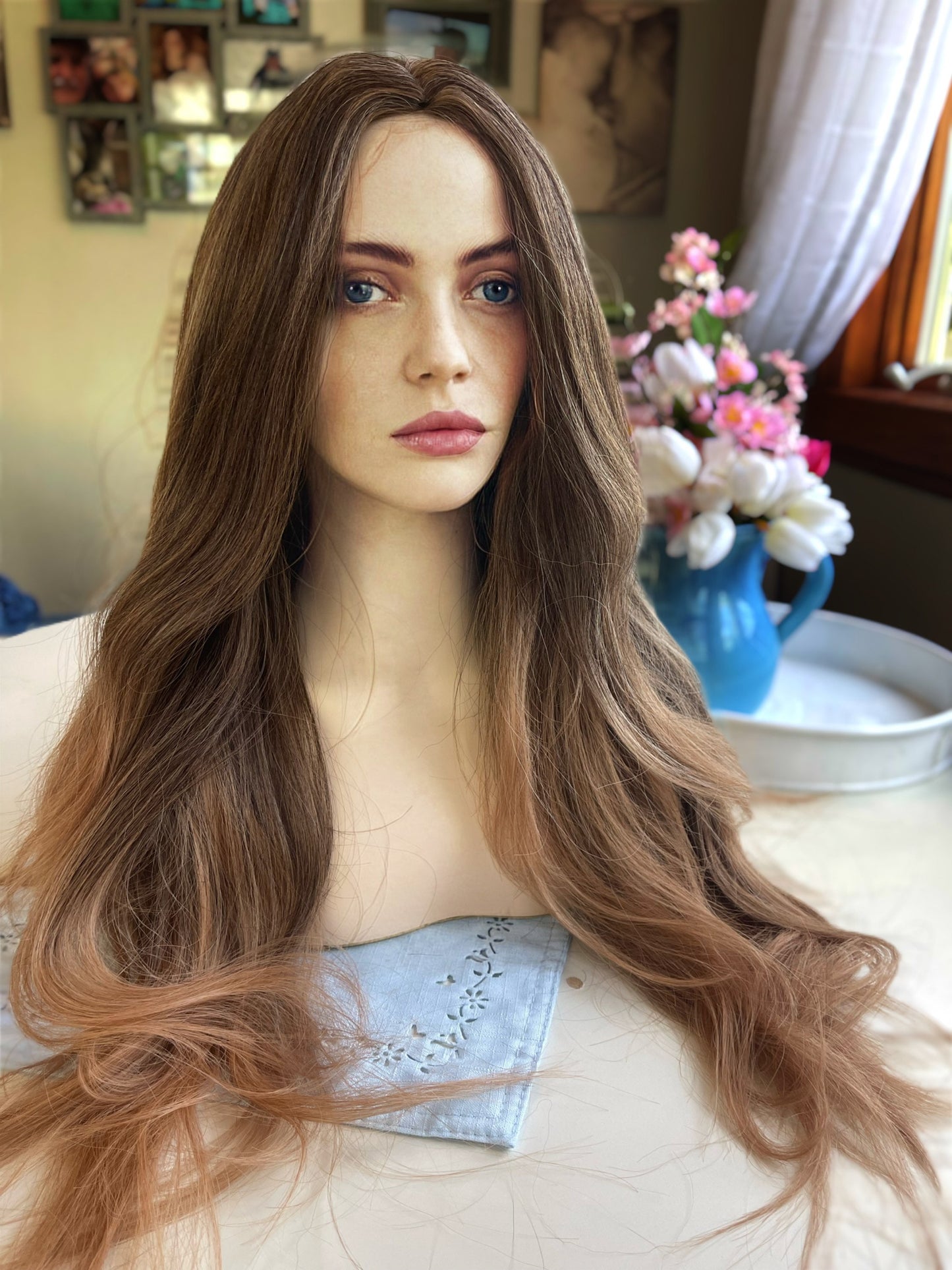 Hartley Warm Brunette Hard Front Wig Skin Parting Wig Long Two toned Human Blend Wig