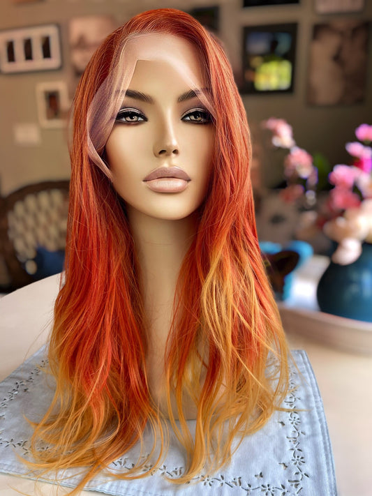 Shooting Star Bright Orange Yellow Wig Hand Tied Wig HD Lace Frontal Wig Short Wig Alopecia Drag Chemo Hair Loss Goth Wig Festival Hair
