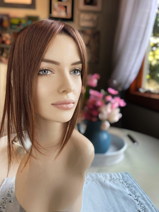 Odette Light Density Topper 100% Human Hair Topper Wig Warm Coppery Brown Silk Top Parting Topper for Clip In Bangs Topper