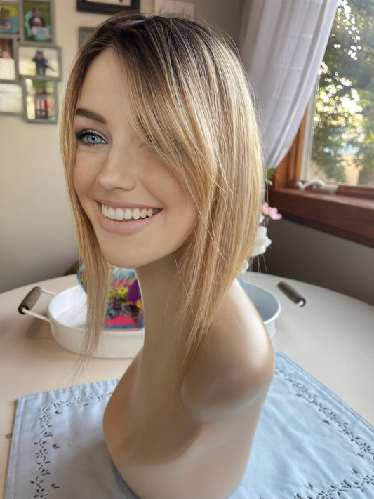 Jeanette Light Density With Bangs 100% Human Hair Topper Wig Warm Light Blonde Ombré Root Color Blend Silk Top Parting Topper