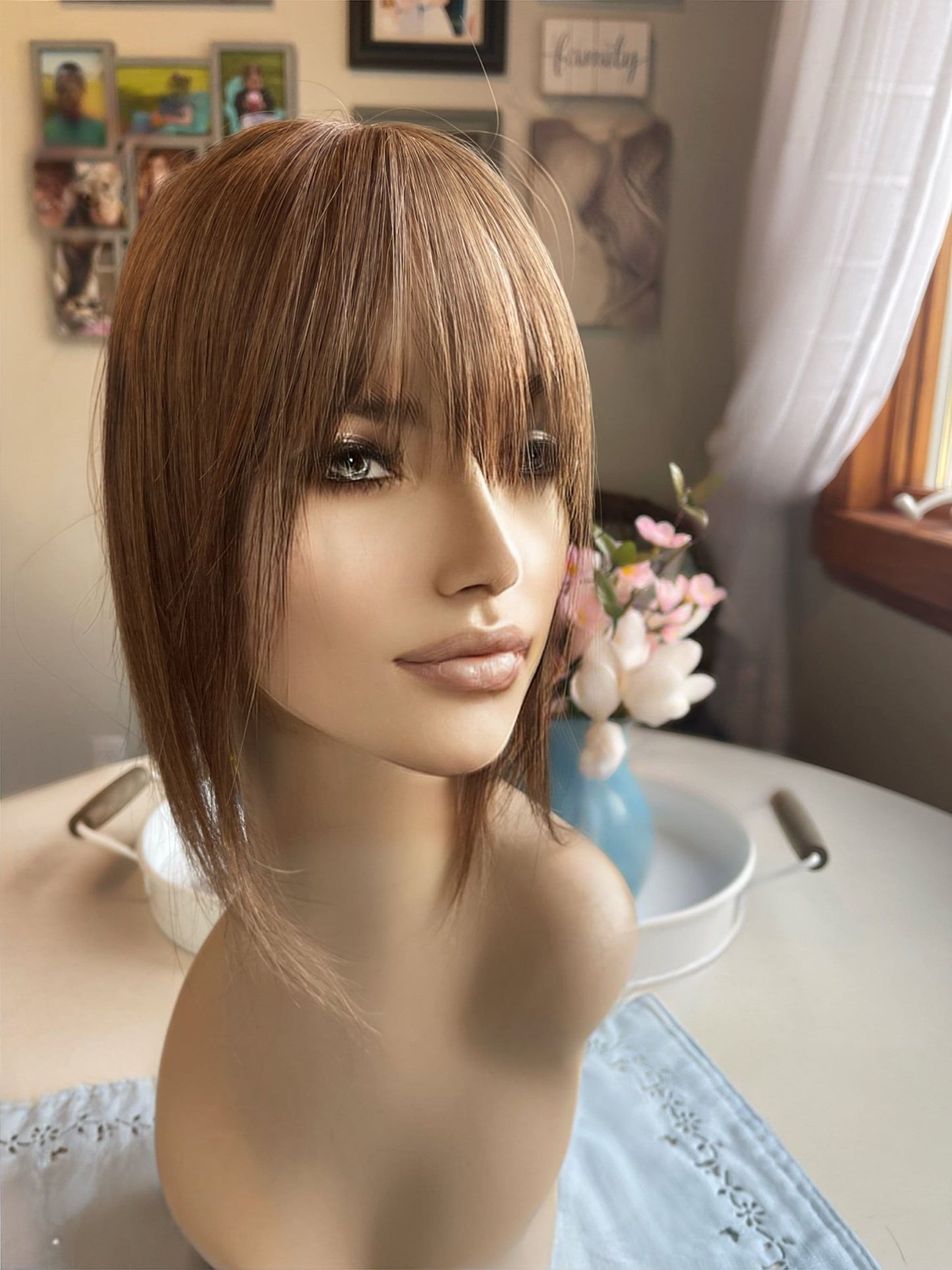 Johnette Light Density Topper 100% Human Hair Topper Wig Light Brown Silk Top Parting Topper for Clip In Bangs Topper