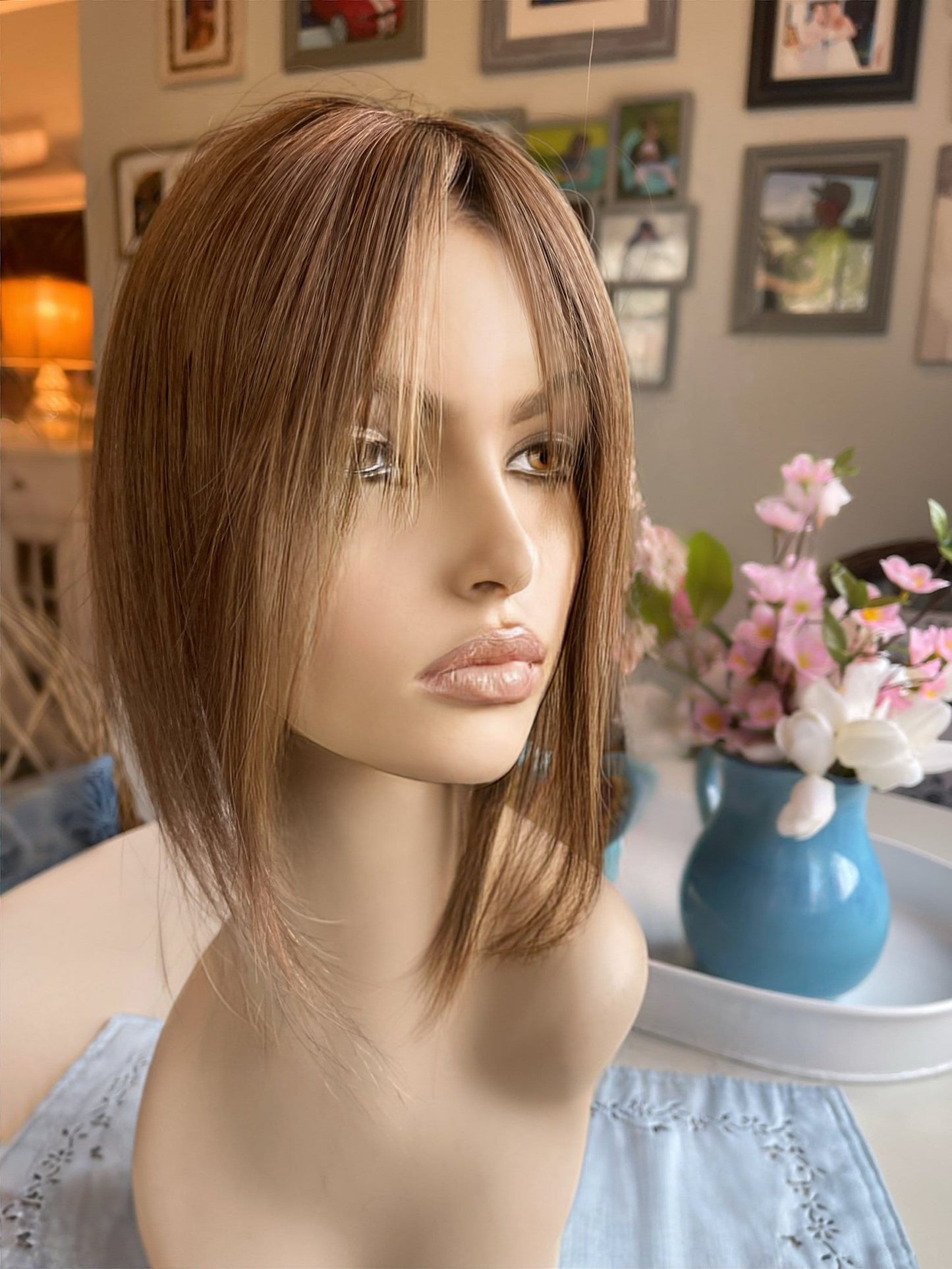 Johnette Light Density Topper 100% Human Hair Topper Wig Light Brown Silk Top Parting Topper for Clip In Bangs Topper