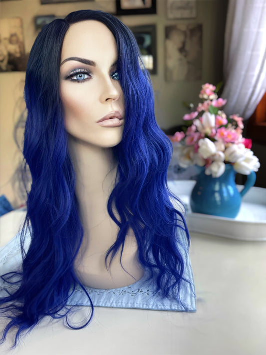 Skye Lace Front Wig Rooted Ombre Sapphire Blue Wig Loose Wave Long Realistic Editorial HD Synthetic Heat Defiant Wig Side Part