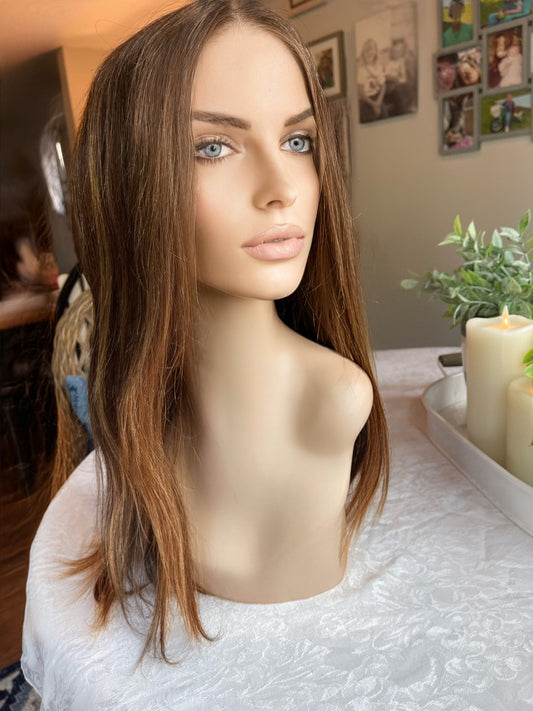 Kehla 100% Remy Human Hair Wig Natural Golden Highlighted Brown Custom Human Hair Hand Tied Brunette Wig Premium Lace Alopecia Wig Chemo