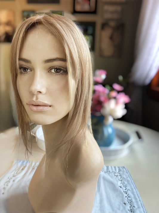 Shawnette Light Density 100% Human Hair Topper Wig Warm Lightest Blonde Color Blend Silk Top Parting Topper for Clip In Bangs Topper