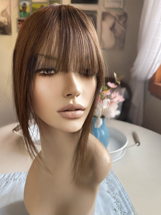 Claudette Light Density Topper 100% Human Hair Topper Wig Neutral Medium Brown Silk Top Parting Topper for Clip In Bangs Topper