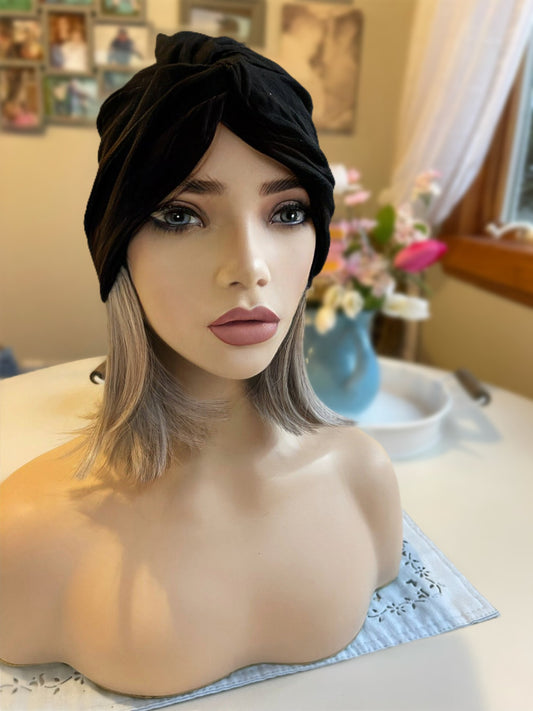 Knockout Salt and Pepper “Two Ways” Grey Turban Hair Wig Fall Wig Sleek Straight Wig Lightweight Wig Chemo Alopecia Trich Radiation Therapy