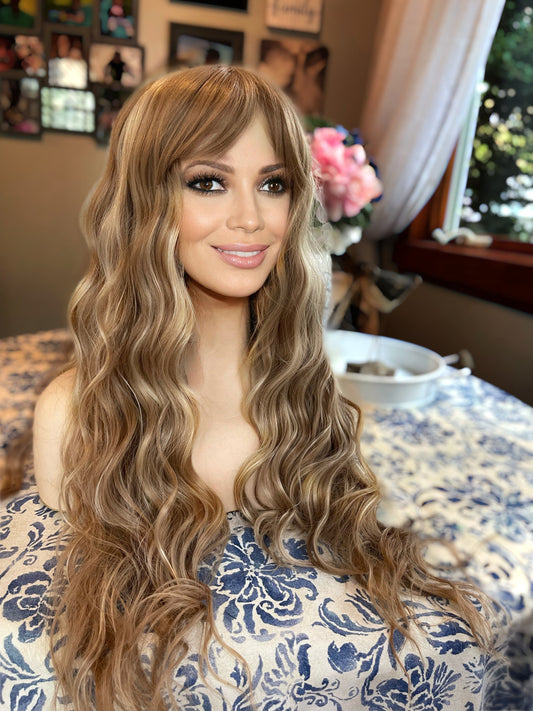 Harper Old Money Dark Ash Blonde Bang Slight Root Wig Medium Blonde Highlights Medical Fashion Wig