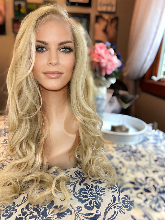 Celesta Light Barbie Blonde Lace Front Wig Wavy Curls Loose Wave Lace Front Human Hair Blend Cottagecore Custom Wig