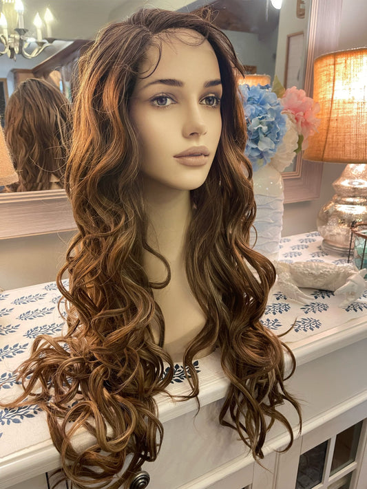 Joi Beach Waves Warm Browns Wig Lace Front Wig  Human Hair Blend Wig Natural Wavy Wig Side Part Hand Tied