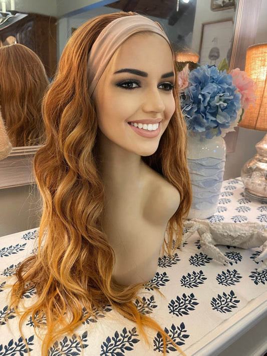 Paris Long Wavy Copper HighlightsHeadband Wig Fall HD Synthetic Fibers Medium Brown Wig Blonde Highlights Chemo Alopecia Wig