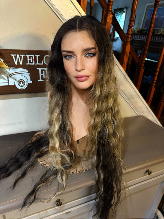 Aggie Spiral Curl Extra Long Marbled Wig Cool Brown Wig Dark Rooted Wavy Colormelt Loose Wave Lace Front Human Hair Cottagecore