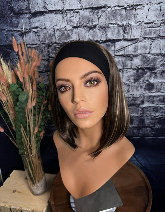Tate A- Line Bob Shape Wig Headband Wig Fall HD Synthetic Fibers Medium Brown Wig Blonde Highlights Chemo Alopecia Wig Alternative Hair