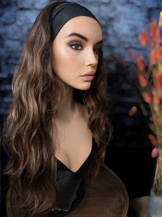 Haris Long Wavy Blonde Highlights Headband Wig Fall HD Synthetic Fibers Medium Golden Brown Highlights Chemo Alopecia Wig