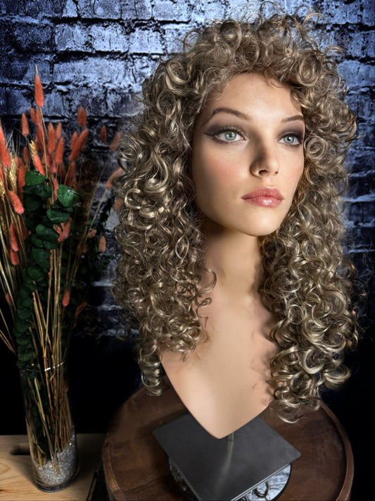 Music of the Night Curly High Drama Wig Shoulder Length Dark Ash Blonde HD Synthetic Alopecia Chemo Wig Festival Boho Hair Festival Hair