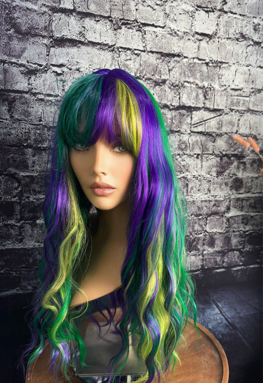 Mardi Gras Green Purple Gold Wig Bright Wig Sleek Wig Bright Black Straight Wig Bangs Drag Wig Chemotherapy Alopecia Burlesque Wig Showgirl