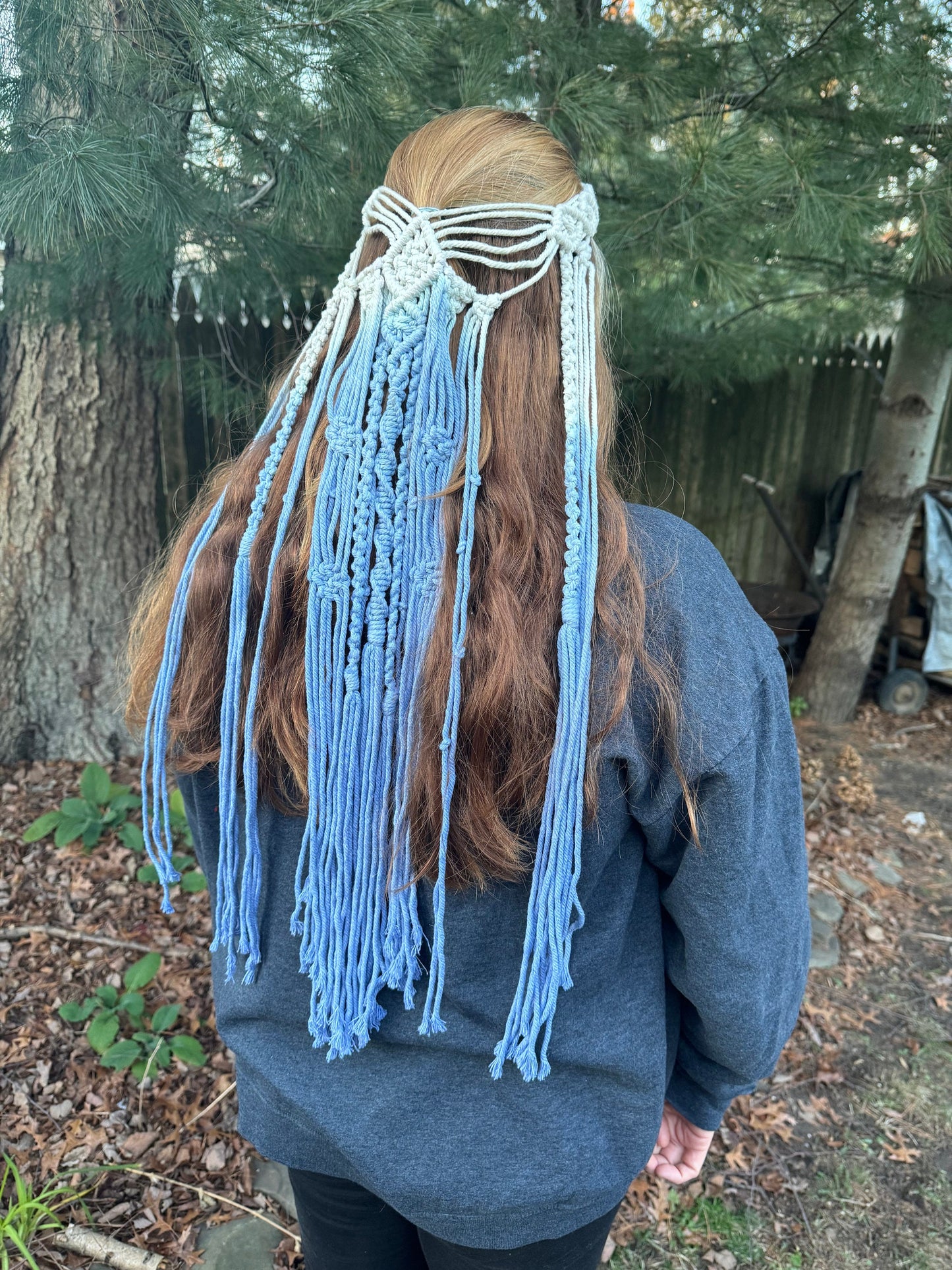 Tribal Blue Tie Dye Macrame Veil Headdress Bridal Hippie Boho Wedding Costume Elvish Hemp Crochet