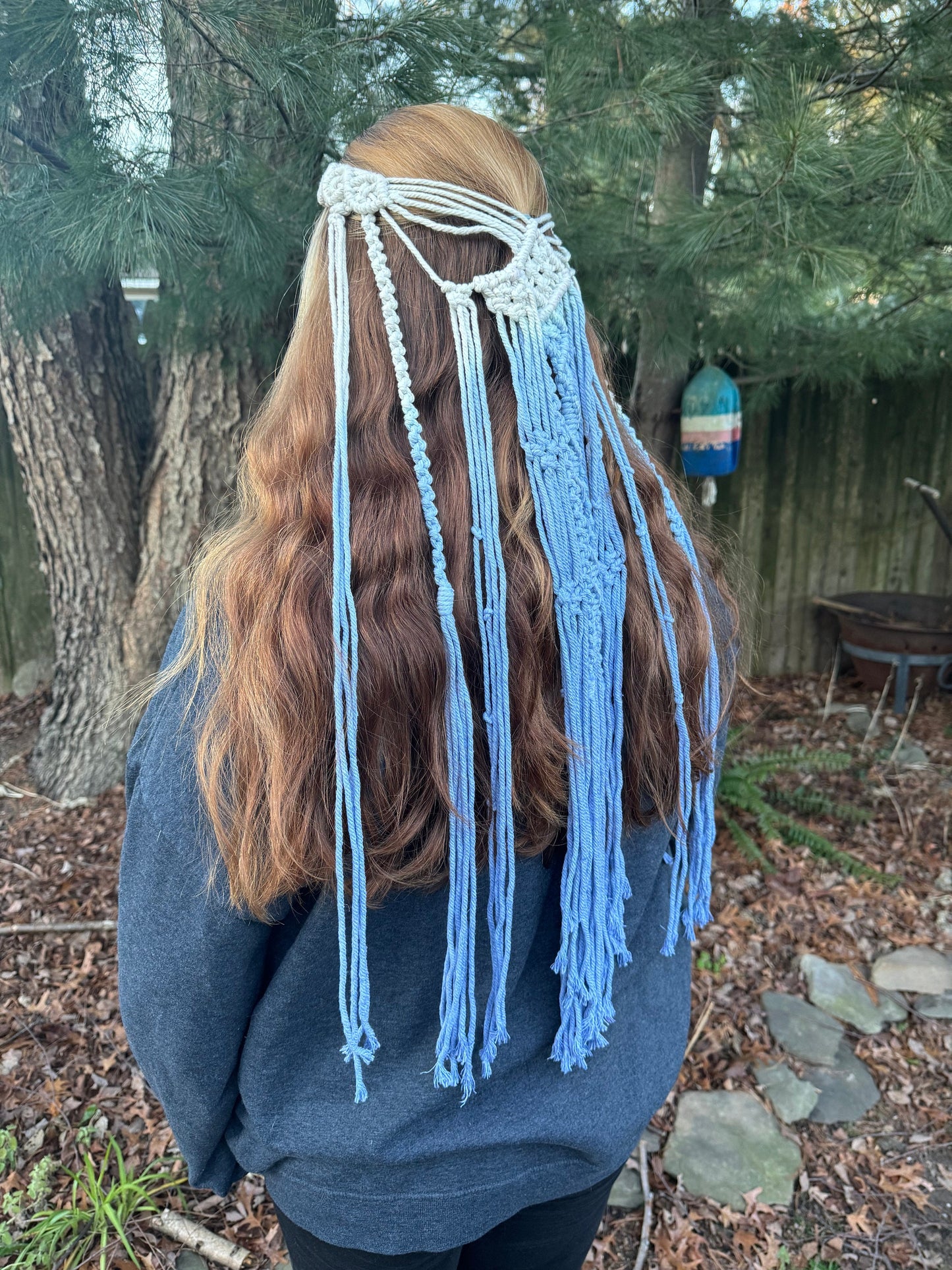 Tribal Blue Tie Dye Macrame Veil Headdress Bridal Hippie Boho Wedding Costume Elvish Hemp Crochet