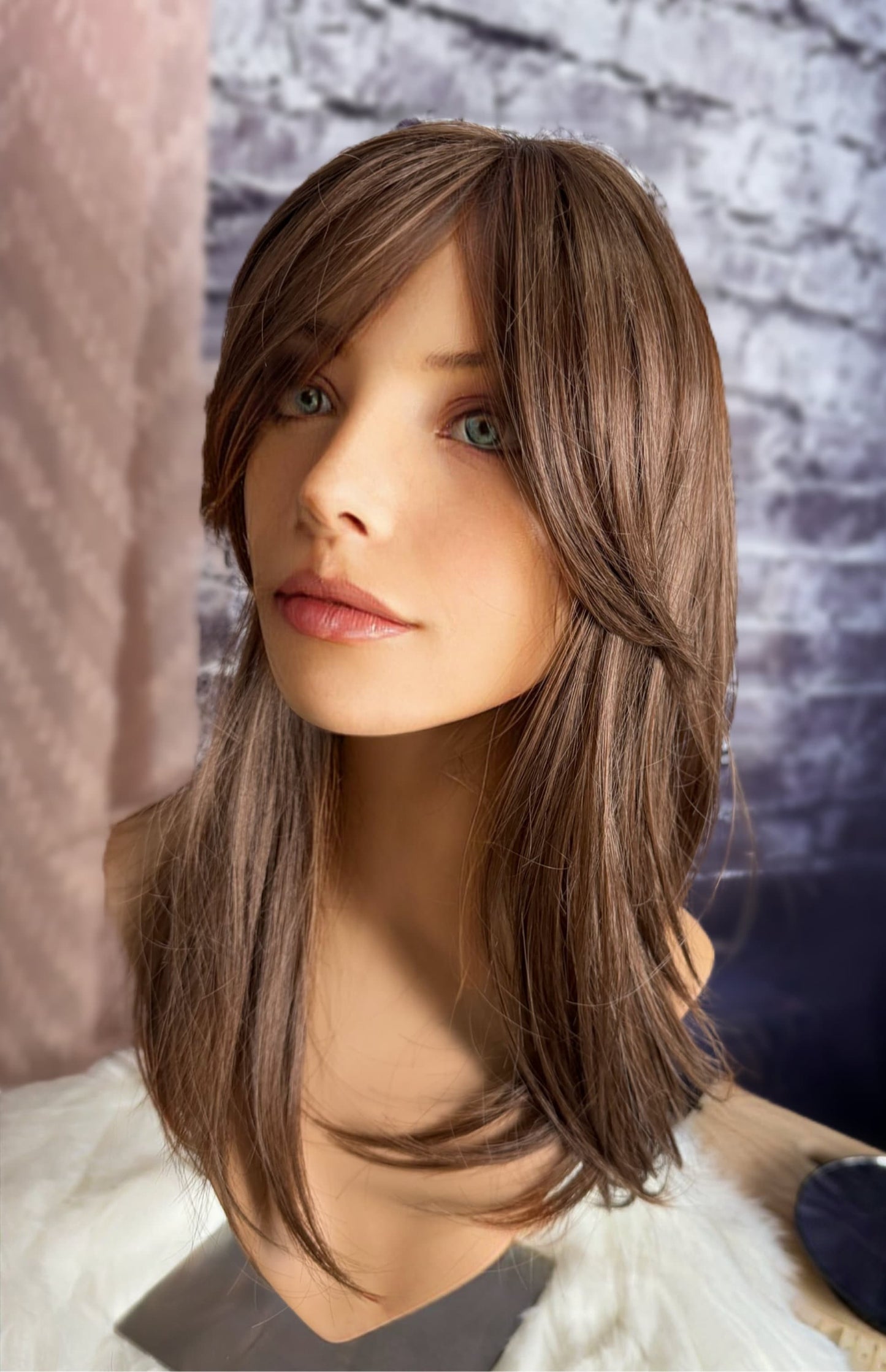 Coquette Warm Medium Brown Ombre Topper Light Bangs Heat Safe Synthetic Silk Top Parting Topper