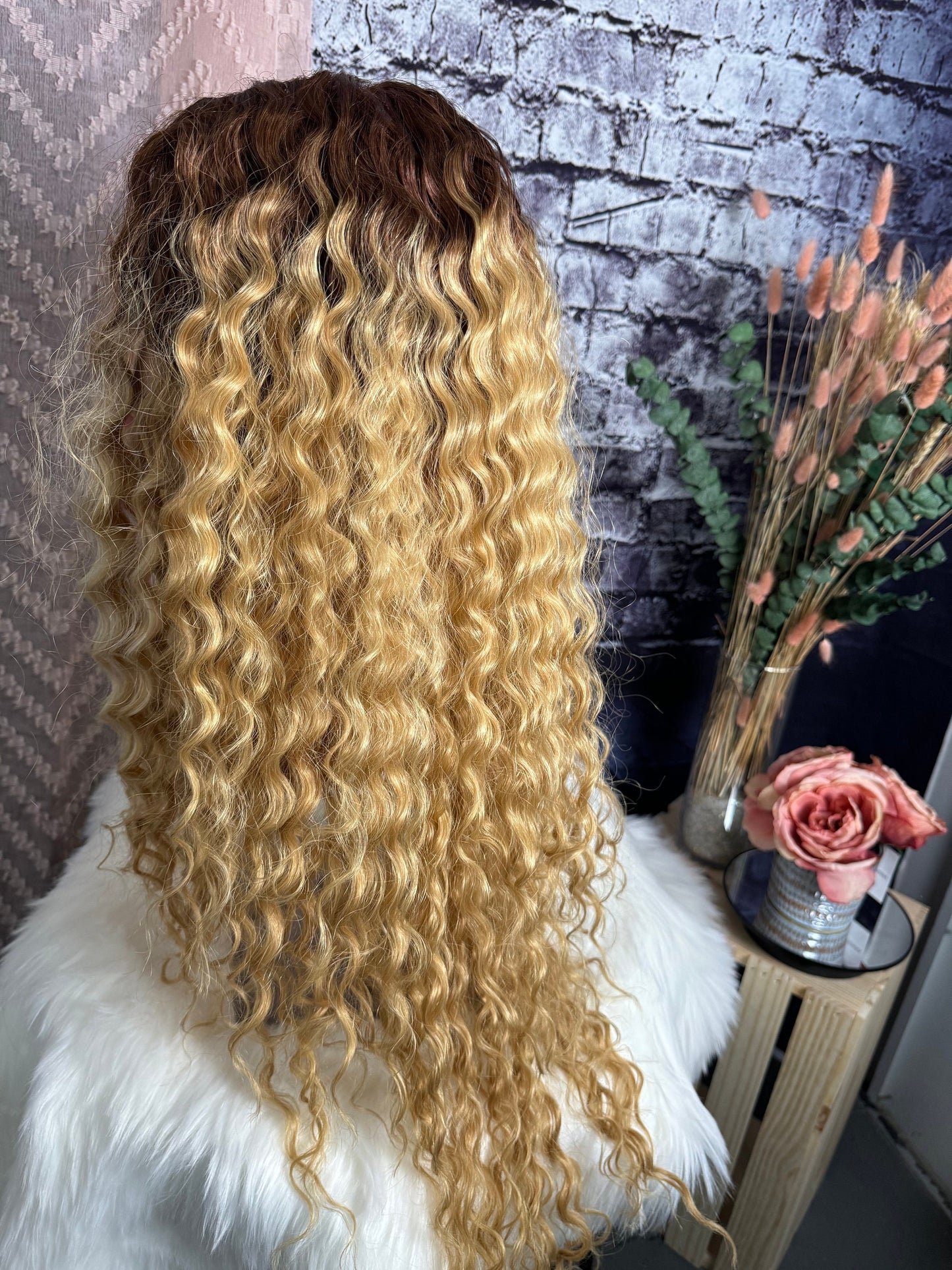 Kayt Lace Front HD Fibers Red Root Wig Golden Apricot Blonde Spiral Curls Ombre Wig