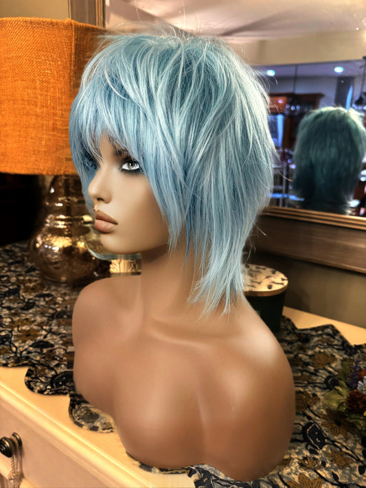 Bombpop Blue Mullet Human Hair Blend Mullet Wig Chic Wig Lots of Layers Bi-level Trendy Black Chemotherapy Alopecia 80’s Vibes
